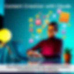 A person using a laptop to create social media posts quickly, with colorful content ideas around them, reflecting joyful productivity.