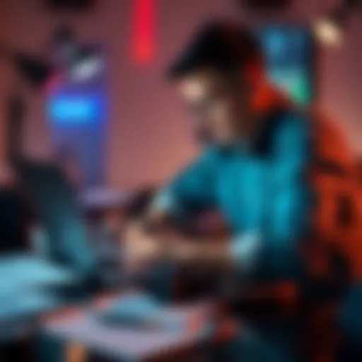A content creator working on a laptop, surrounded by notes and a camera, reflecting on originality in digital content.
