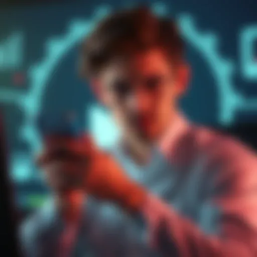 A small site owner looking frustrated while checking rankings online, with a large media company's logo in the background, symbolizing content theft.