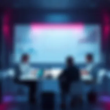 A group of people discussing artificial intelligence regulations around a table, surrounded by charts and tech gadgets.
