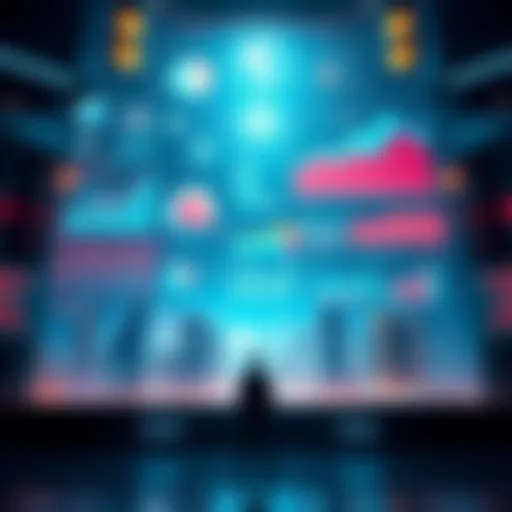 A lone figure stands in front of a vast digital interface displaying data and statistics, symbolizing the struggle for power against a backdrop of a futuristic cityscape.