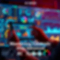 A person using a tablet to manage advanced AI systems with digital interfaces and graphs in the background.