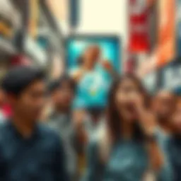 A group of people expressing disgust at an advertisement in a busy street, with one person shaking their head and another covering their mouth in shock.