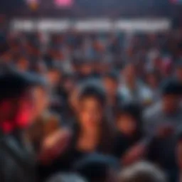 A large crowd of people using a criticized product on their devices, showing mixed expressions of frustration and reliance.