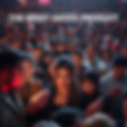 A large crowd of people using a criticized product on their devices, showing mixed expressions of frustration and reliance.