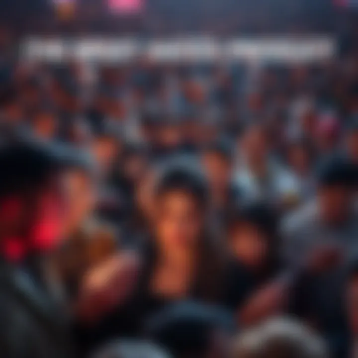 A large crowd of people using a criticized product on their devices, showing mixed expressions of frustration and reliance.