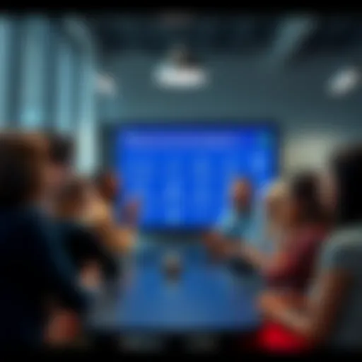 A group of diverse people engaging in a conversation with a large digital screen displaying language learning prompts.