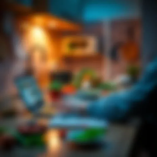 A person using a laptop in the kitchen while preparing a meal, with notes and ingredients spread out on the counter.