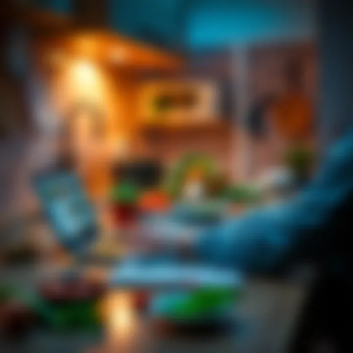 A person using a laptop in the kitchen while preparing a meal, with notes and ingredients spread out on the counter.