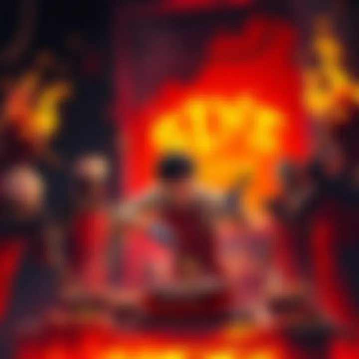A character cooking in a fiery kitchen surrounded by sinners, showcasing a dark comedy theme