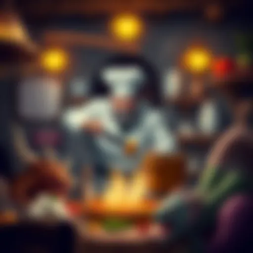 A chef in a fantasy tavern prepares a large pot of monster stew, with various monster ingredients displayed around