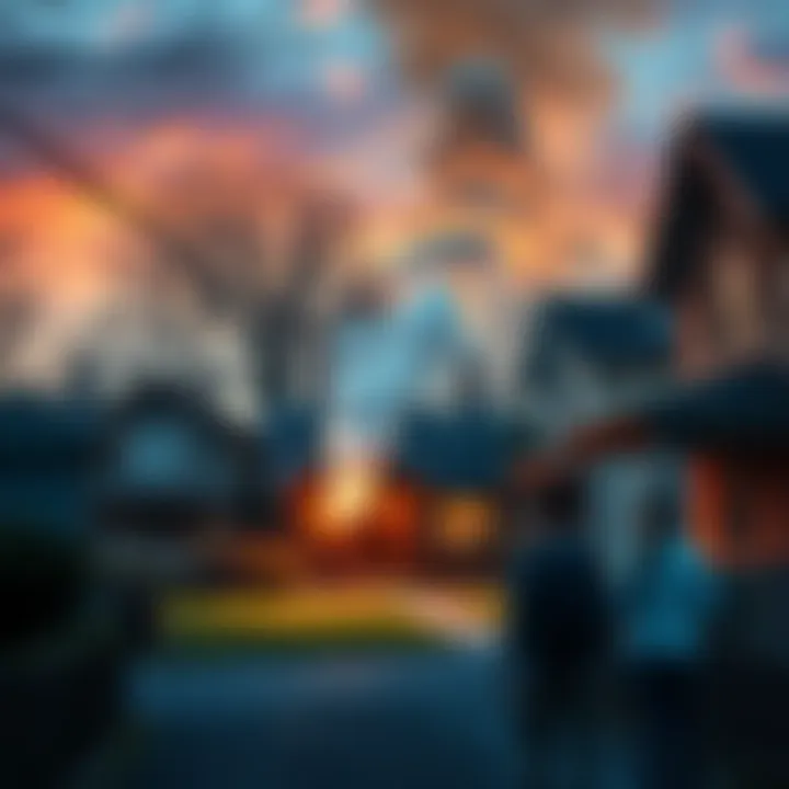 A neighborhood with smoke rising from a house, suggesting food is being cooked inside, while curious residents look on