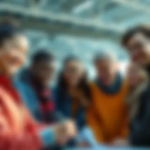 A diverse group of people smiling and collaborating on a project, symbolizing unity and altruism in a brighter future.