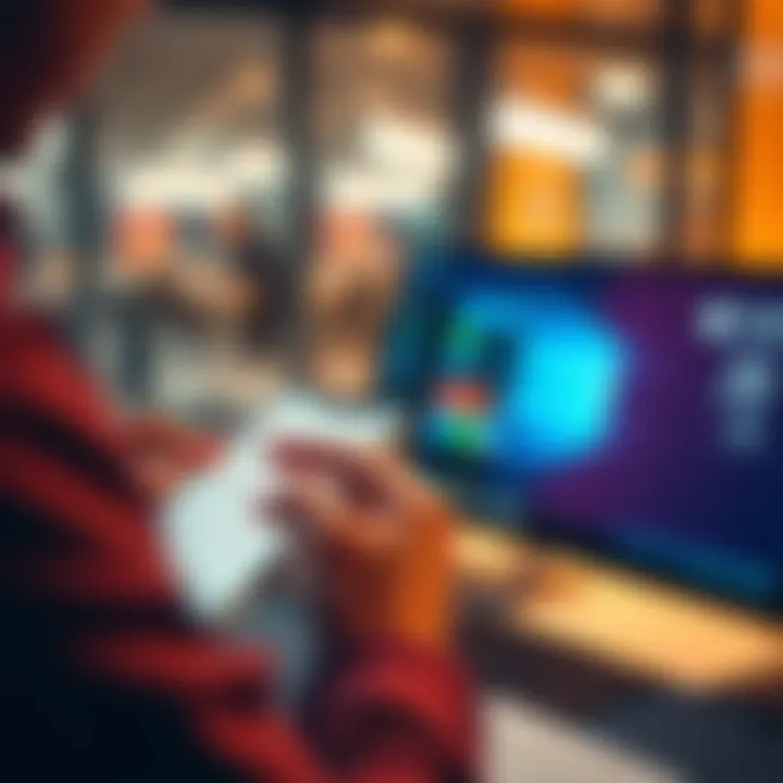 A person using an iPhone and a Windows PC to copy and paste content between the two devices seamlessly.