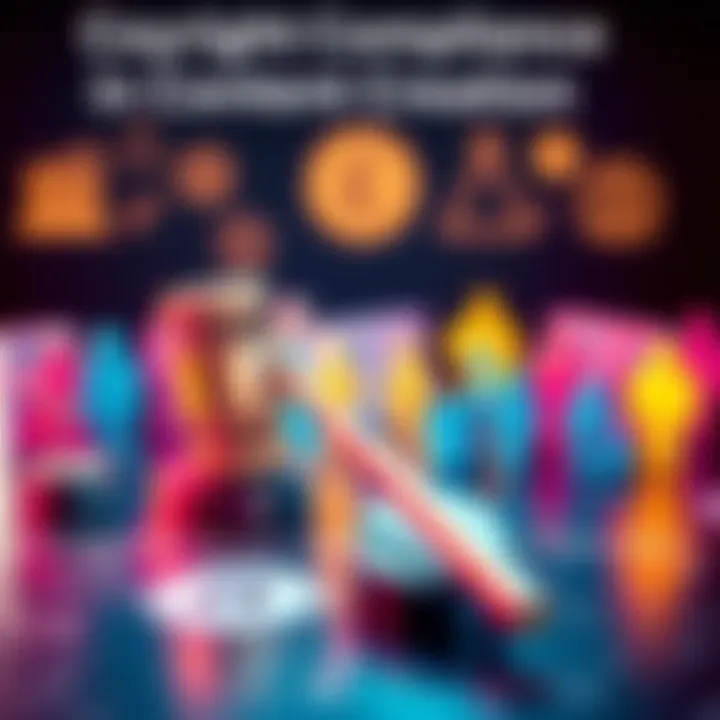 A graphic showing a gavel and various icons representing public figures and copyrighted characters, symbolizing copyright laws and rights management.