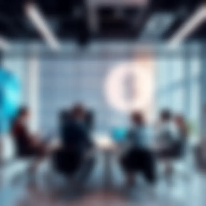 A copyright lawyer discussing public domain questions with a group of people in an office setting.