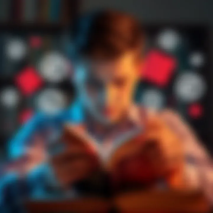 A person examining a book with copyright symbols and public domain icons surrounding it