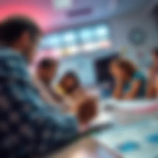People discussing changes to core hour scheduling, with a calendar showing Tuesday and Thursday highlighted, and documents on a table.