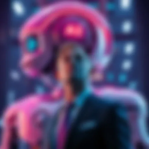 A businessman looks worried while standing in front of a large AI robot, symbolizing the tension between corporate interests and job security.