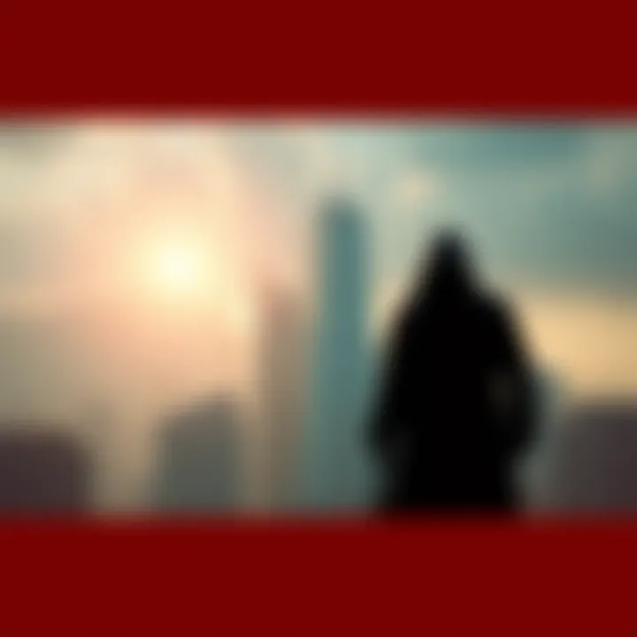 A graphic showing corporate skyscrapers with a shadowy figure representing cartel-like practices looming over them, symbolizing the unfair advantages in cybersecurity access.