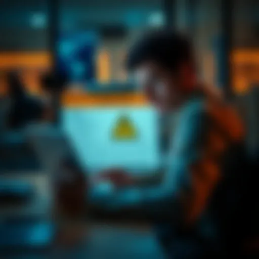 A person sitting at a desk, looking confused with a laptop displaying misleading information about LLMs as knowledge bases. A warning symbol is visible on the screen.