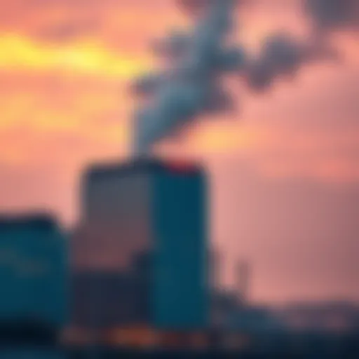 A corporate office building with smoke rising from a factory in the background, symbolizing the pollution debate and corporate responsibility regarding AI sustainability.