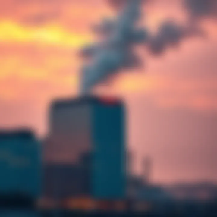 A corporate office building with smoke rising from a factory in the background, symbolizing the pollution debate and corporate responsibility regarding AI sustainability.