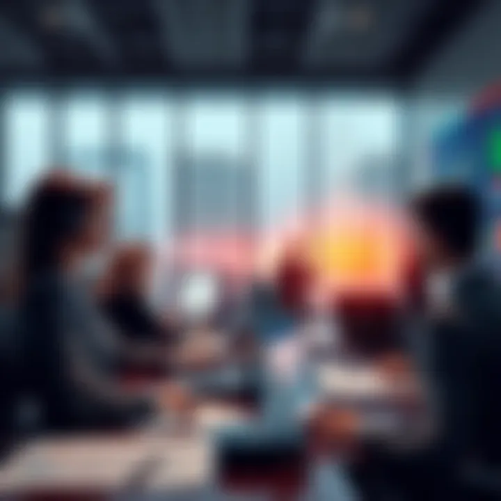 A busy corporate office with professionals discussing strategies and data on screens, reflecting traditional corporate behavior amidst changes.