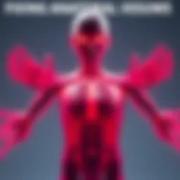 A digital model of a character with extra arms and fingers, showing areas marked for correction, tools, and guides for fixing anatomical issues.