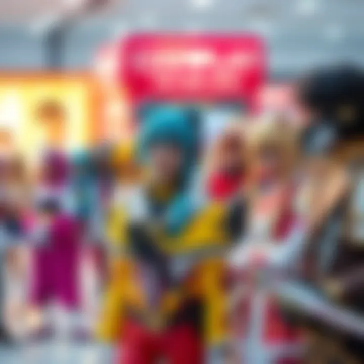 A vibrant scene of people dressed as popular cosplay characters, showcasing new models and creative styles with bright colors and detailed costumes.