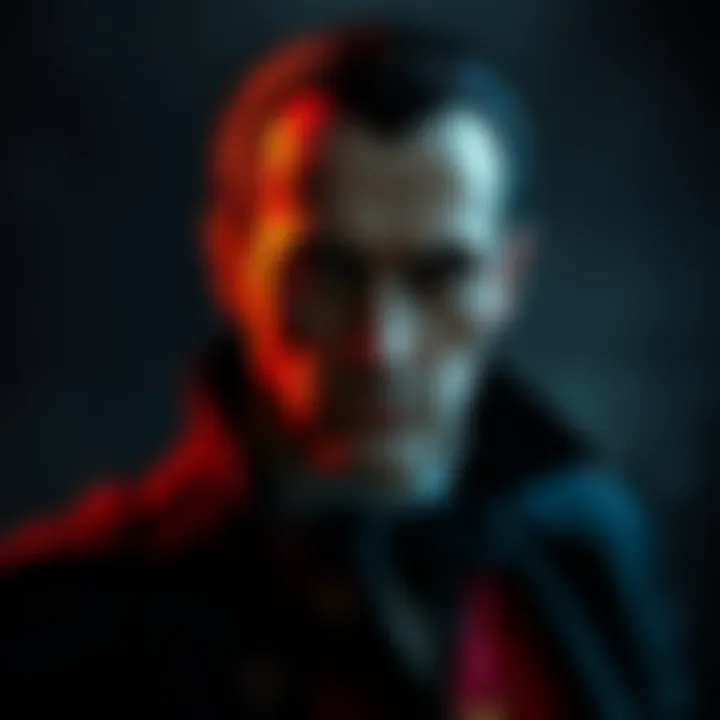 A classic portrait of Count Dracula with a shadowy background, showcasing his striking features and cape.