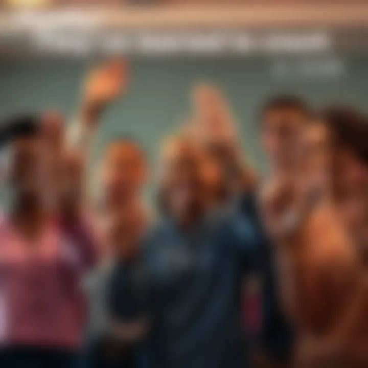 A diverse group of people smiling and celebrating together, holding up their hands with fingers counted, symbolizing their achievement in learning to count.