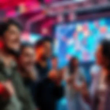 A group of people laughing together while sharing country alphabet jokes, showcasing humor and fun in a lively atmosphere.