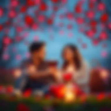 Couple celebrating Valentine's Day A happy couple enjoying a romantic picnic on Valentine's Day with hearts and flowers around them