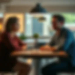 A wife and husband sit together at a table, having a serious conversation about AI technology. The wife looks concerned while the husband appears skeptical, highlighting their differing views on the t...