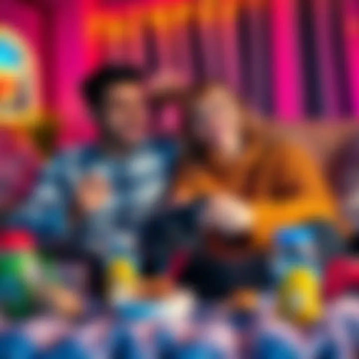 A happy couple enjoying a gaming session with a console, surrounded by snacks and drinks, smiling and laughing while playing.