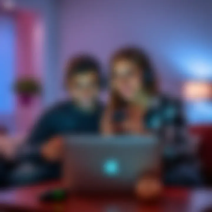 A couple engaged in fun games using a laptop, smiling and enjoying their time together