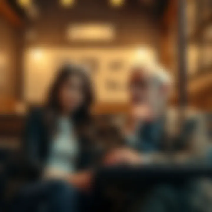 Couple with Age Difference A young woman and an older man sitting together, sharing a thoughtful moment in a cozy cafe. Their expressions reflect the complexity of their relationship due to age difference.