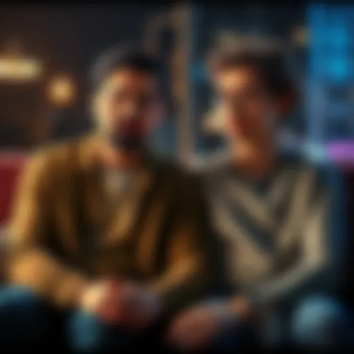 A couple sitting together, looking worried and discussing a relationship issue, with a hint of mystery surrounding the name Hailey, symbolizing their trust concerns.