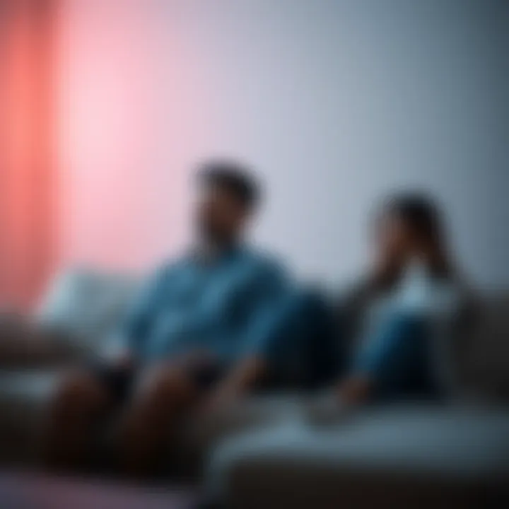 A couple sitting apart on a couch, looking distant and unhappy, showing signs of emotional disconnect.