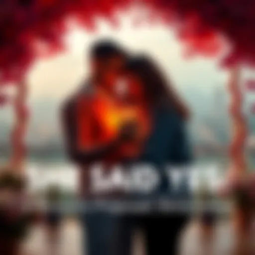 Couple Engaged in Romantic Proposal A joyful couple embraces after she accepts his marriage proposal, surrounded by flowers and a scenic backdrop.