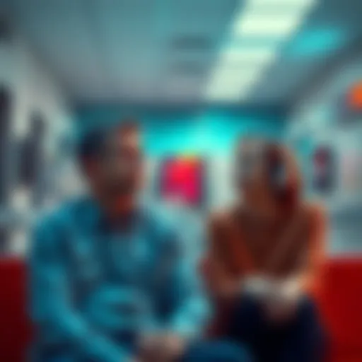 A couple sitting in a hospital lobby, looking frustrated while AI-generated music plays in the background, with medical equipment visible nearby.