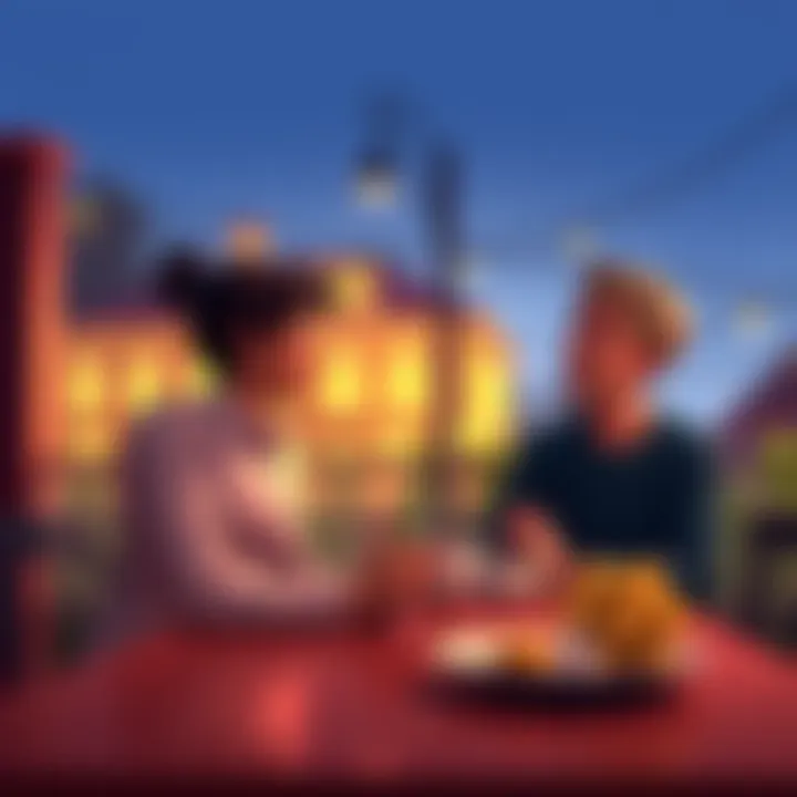 A couple sitting at a table, engaged in a deep conversation with smiles and warm expressions, suggesting a heartfelt exchange.