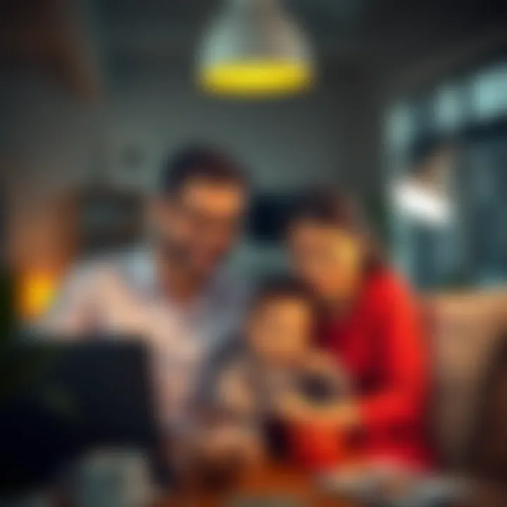 Couple balancing work and family A couple alternating workdays, smiling while playing with their child at home, representing flexible work arrangements for parents.