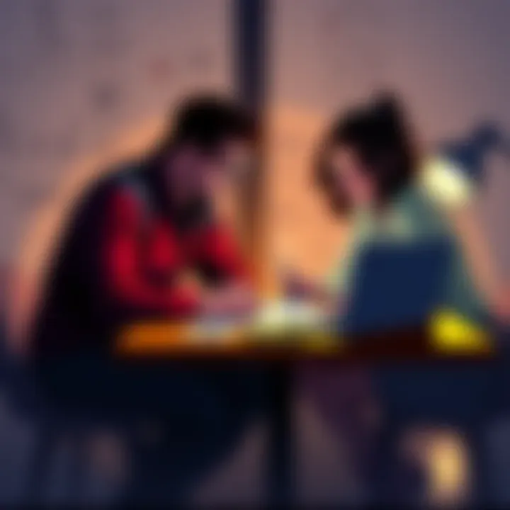A couple sitting at a table with a laptop, brainstorming ideas for a simple game, surrounded by sketches and notes.