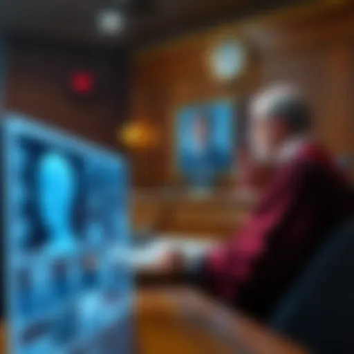 Courtroom with a judge and AI-generated image A courtroom scene showing a judge in robes discussing AI-generated child abuse images with legal documents present