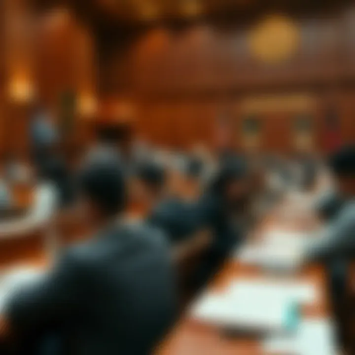 A busy courtroom scene where individuals are filling out do-it-yourself legal forms, showcasing the rise of self-filed lawsuits driven by AI technology.