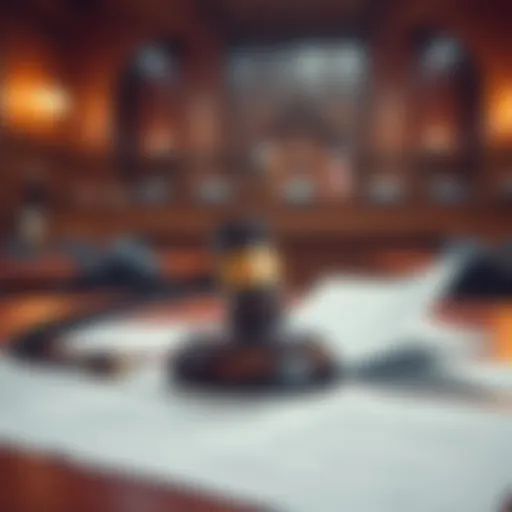 A courtroom setting featuring a gavel on a table and documents, symbolizing legal action against ICE for spyware contract details.