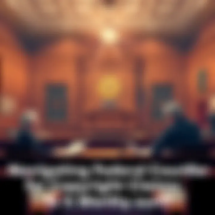 A courtroom scene featuring a judge's bench, legal documents, and lawyers discussing copyright claims, symbolizing the legal challenges in federal courts.