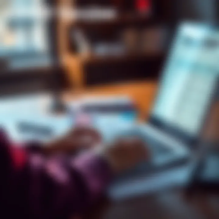 A person reading a published study on COVID vaccine findings, with a laptop and medical documents on a table.